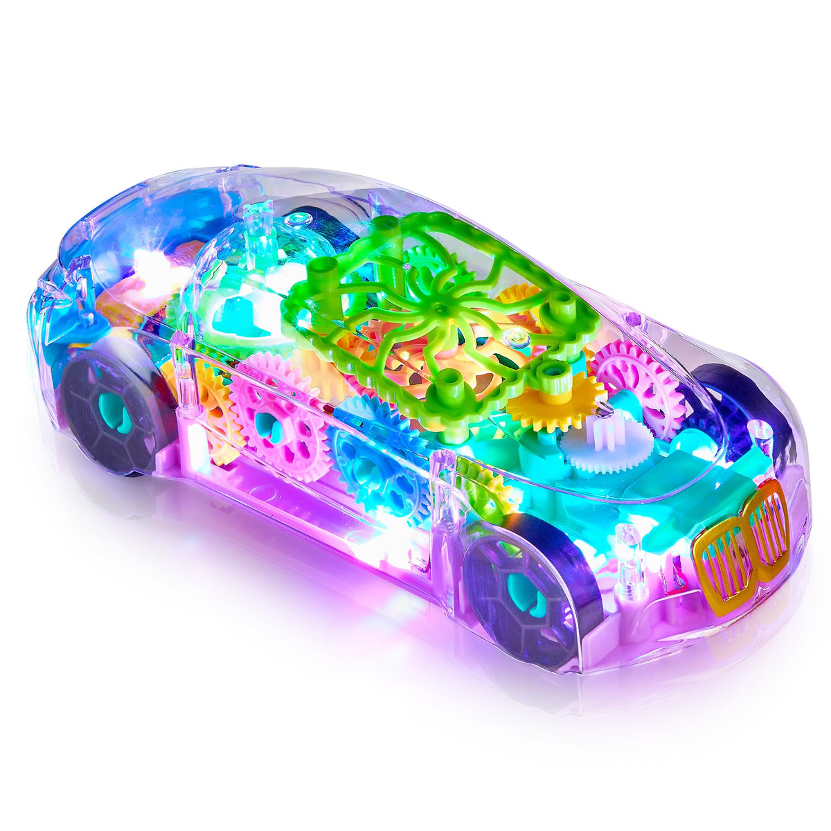 Light-Up Transparent Car Toy for Kids - 1 Pack - Bump and Go Colorful Moving Gears Music LED Effects - Fun Educational Toy - Great Birthday Gift Idea