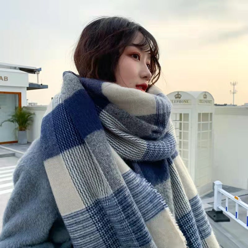 Women's Blue Plaid Winter Scarf with Tassels