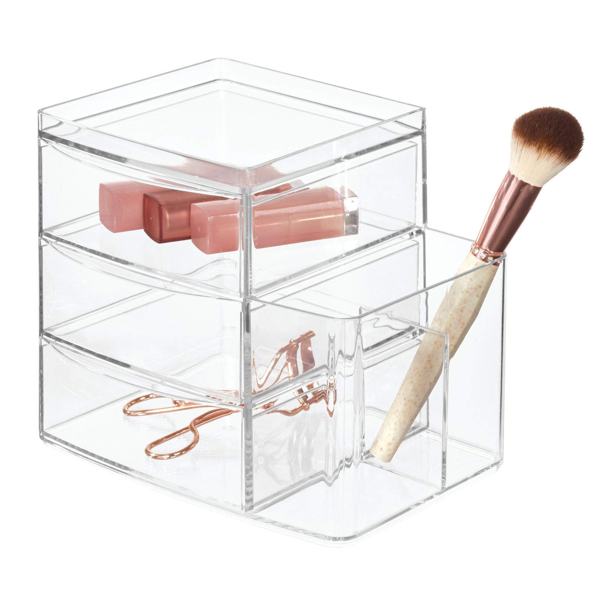 iDesign Clarity Cosmetic Organizer for Vanity Cabinet to Hold Makeup Brushes Beauty Products - 3 Drawers and Caddy Clear