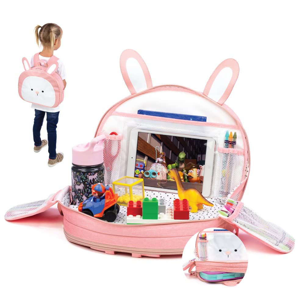 Lulyboo Toddler Car Seat Tray and Backpack - Tray Table Cover - Airplane Travel Tray with Firm Writing Surface - Kids Travel Tray Built-in Cup Holder and 8 Storage Pockets with Kids Lap Desk Bunny