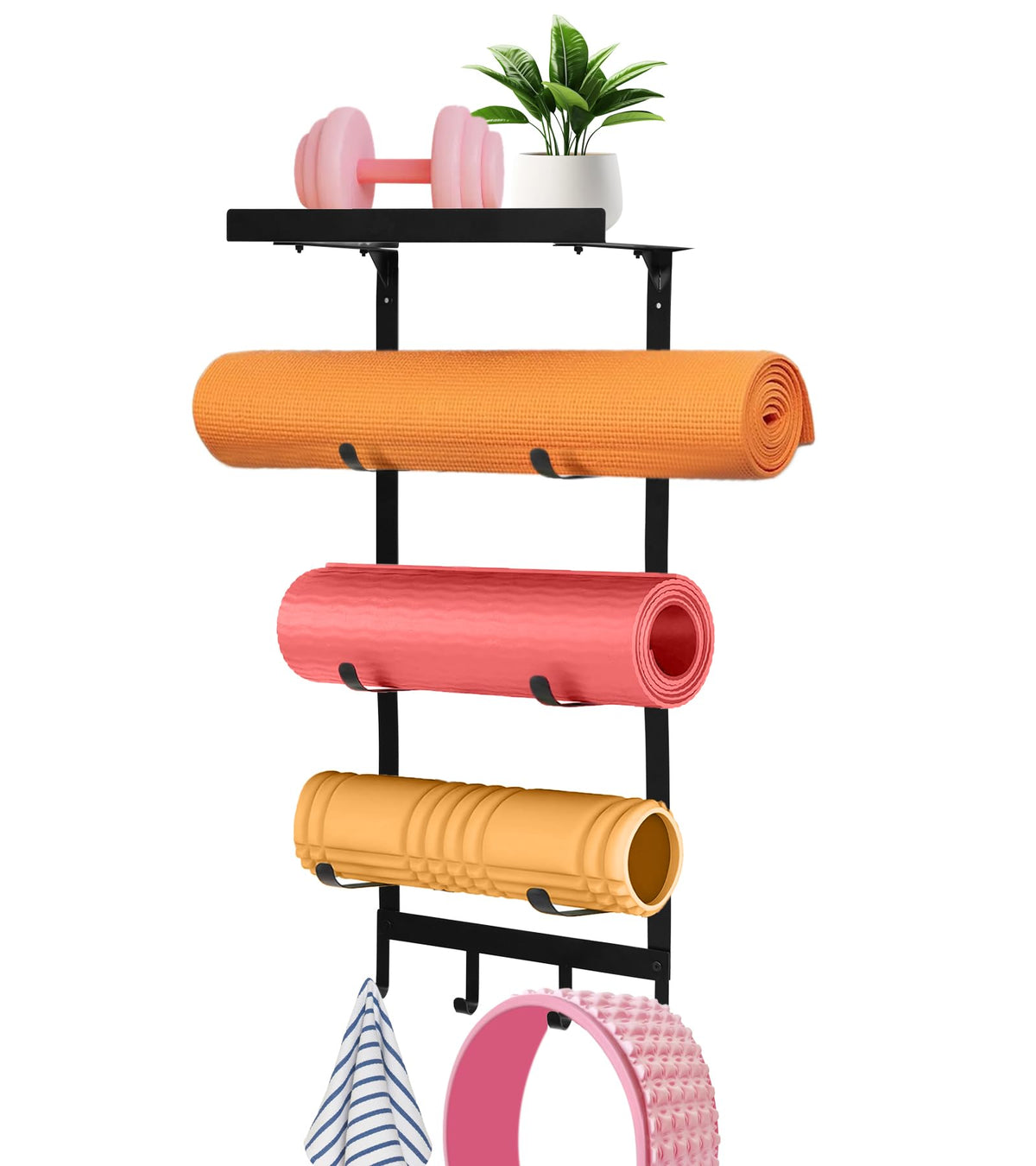 NANXITU Yoga Mat Holder Wall MountWorkout Storage Organizer for Home Gym ExerciseYoga Mat Rack with Metal Floating Shelves and 4 Hooks for Hanging Foam RollersYoga Strap and Resistance Bands