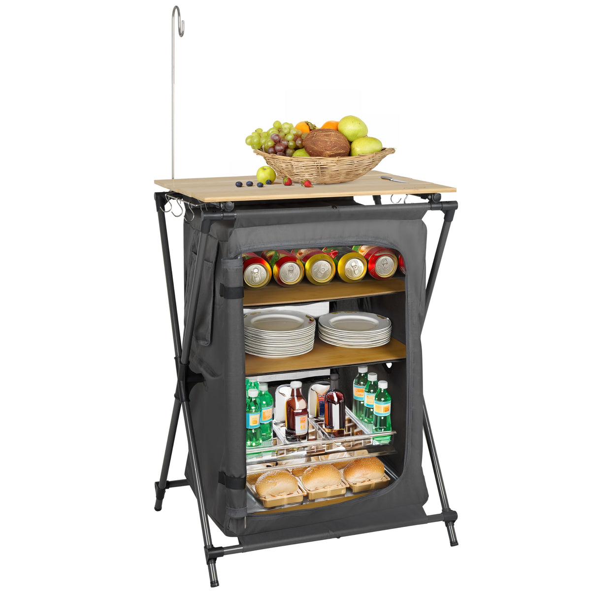 Finnhomy Outdoor Folding Camping Cabinet with 3-Tier Storage Organizer Bamboo Top Camping Table with Carry Bag and Side Hooks for BBQ Camping Picnic Backyard Grey