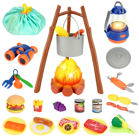 REZUCREY Kids Camping Toys Set Pretend Play with Campfire Pretend Cutting Food for Play Kitchen Camping Gear for Kitchen Indoor Outdoor Camping Toys for Kids Toddlers Boys Age 3 4 5 6 7 8+