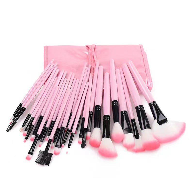 32-Piece Pink Makeup Brush Set with Mini Wooden Case