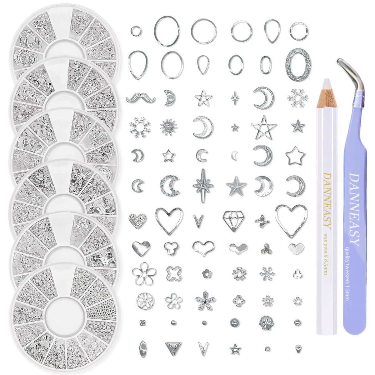 DANNEASY 3D Nail Charms Nail Jewels Silver Nail Art Charms Charms for Nails Metal Nail Studs Nail Jewelry for Acrylic Nails DIY Craft Nail Decoration (6 Boxes)