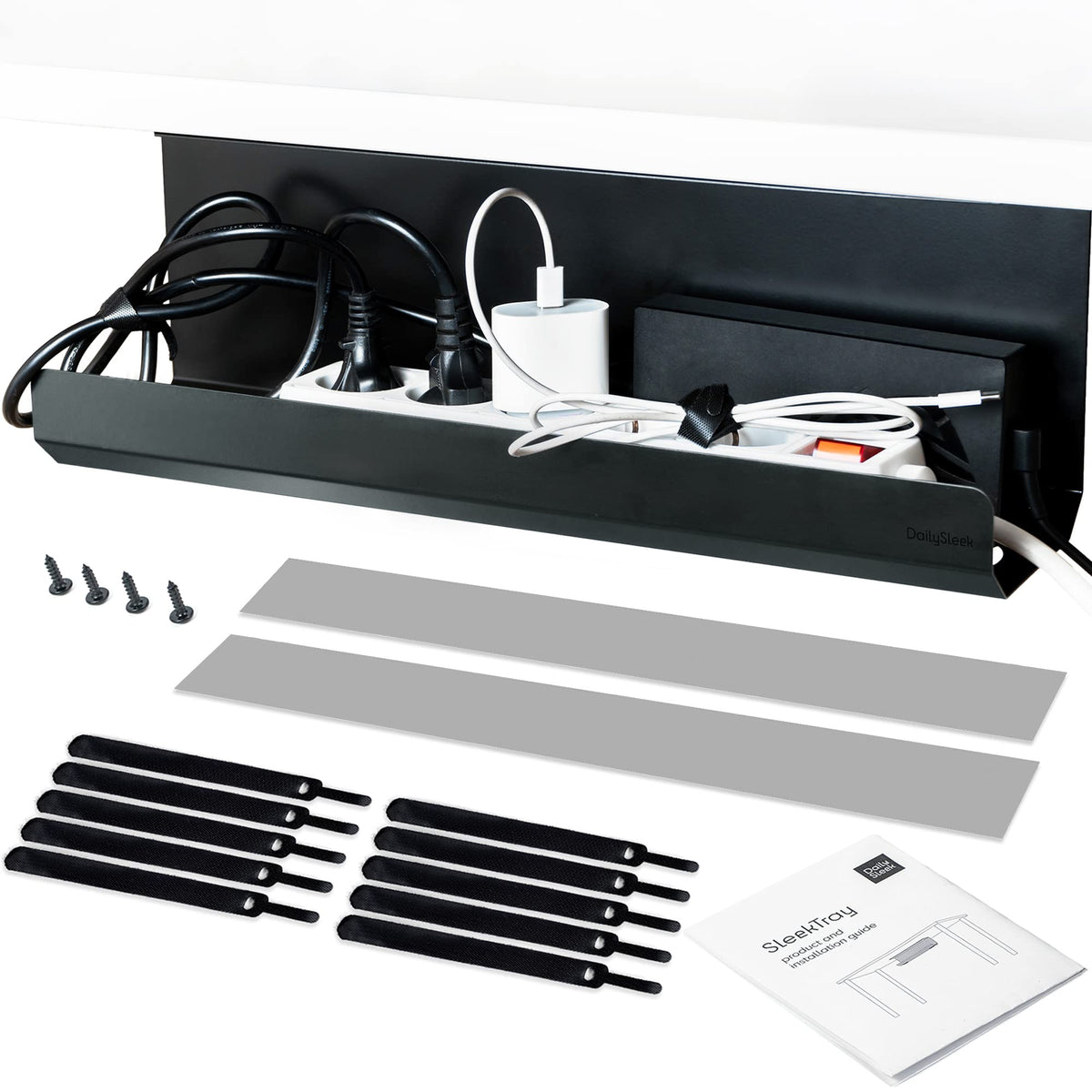 SleekTray Under Desk Cable Management Tray No Drill Wire Organizer for Standing Desk Large Sturdy Black Steel Rack Raceway for Cords/Power Strip/Power Bricks | 1-Pack