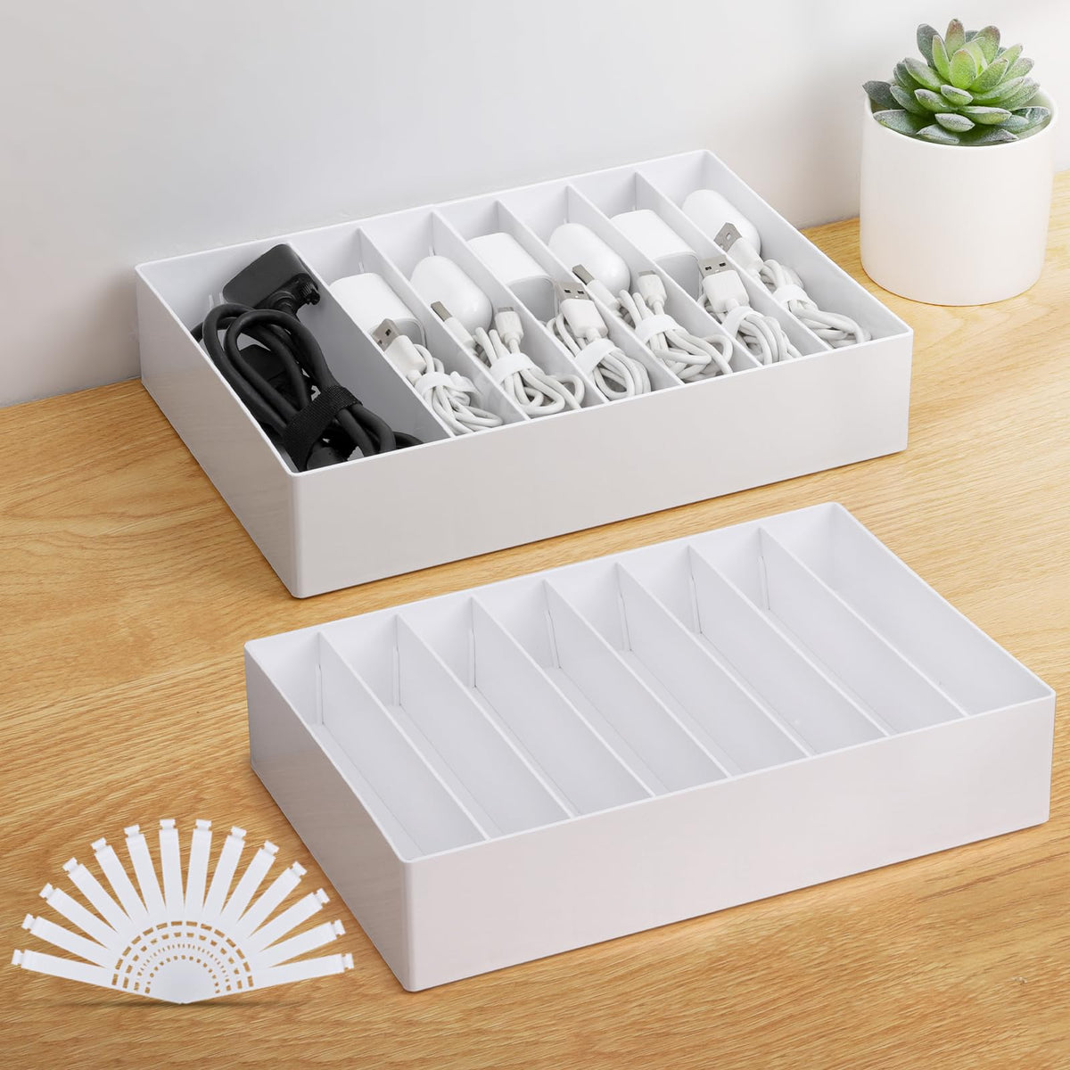 PAVSTINE 2 Pcs Large Cable Organizer Box with Wire TiesPlastic Charger Organizer box with 8 CompartmentsStackable Cord Organizer Box for OfficeHomeDesk Drawer Stationery Supplies StorageWhite