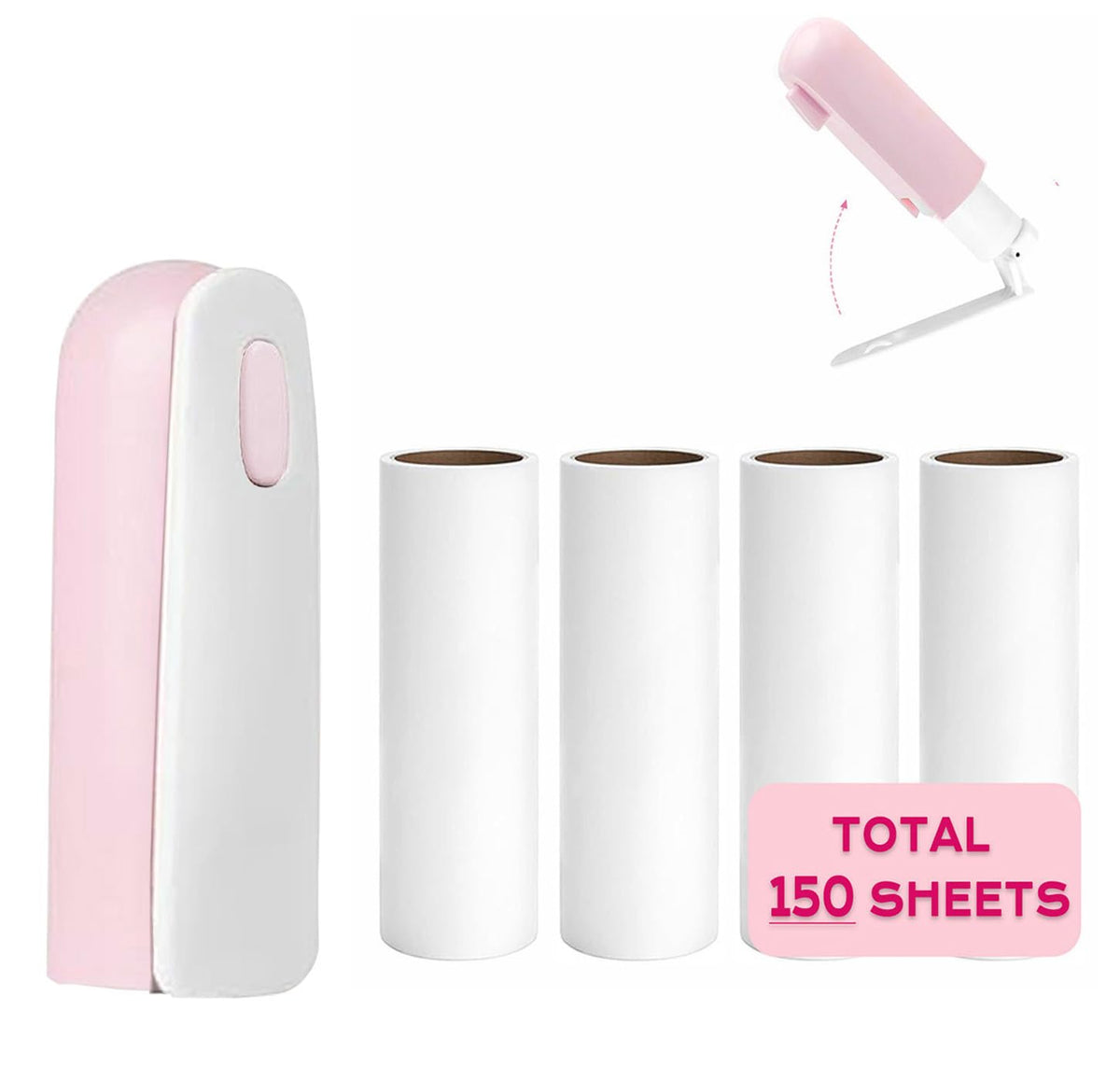 Mini Lint Roller with 150 Sheets Travel Size Portable Lint Roller Compact Pet Hair Remover with 5 Refills Sticky Small Lint Remover for Pocket Travel Essentials for Clothes (Pale Pink)