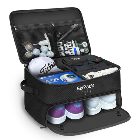 6ixPack Golf 2 Layer Golf Trunk Organizer - Waterproof Storage Locker for Golf Accessories - Separate Ventilated Compartment for 2 Pairs of Shoes - Car Organizer for Balls Tees Clothes Hat Gloves