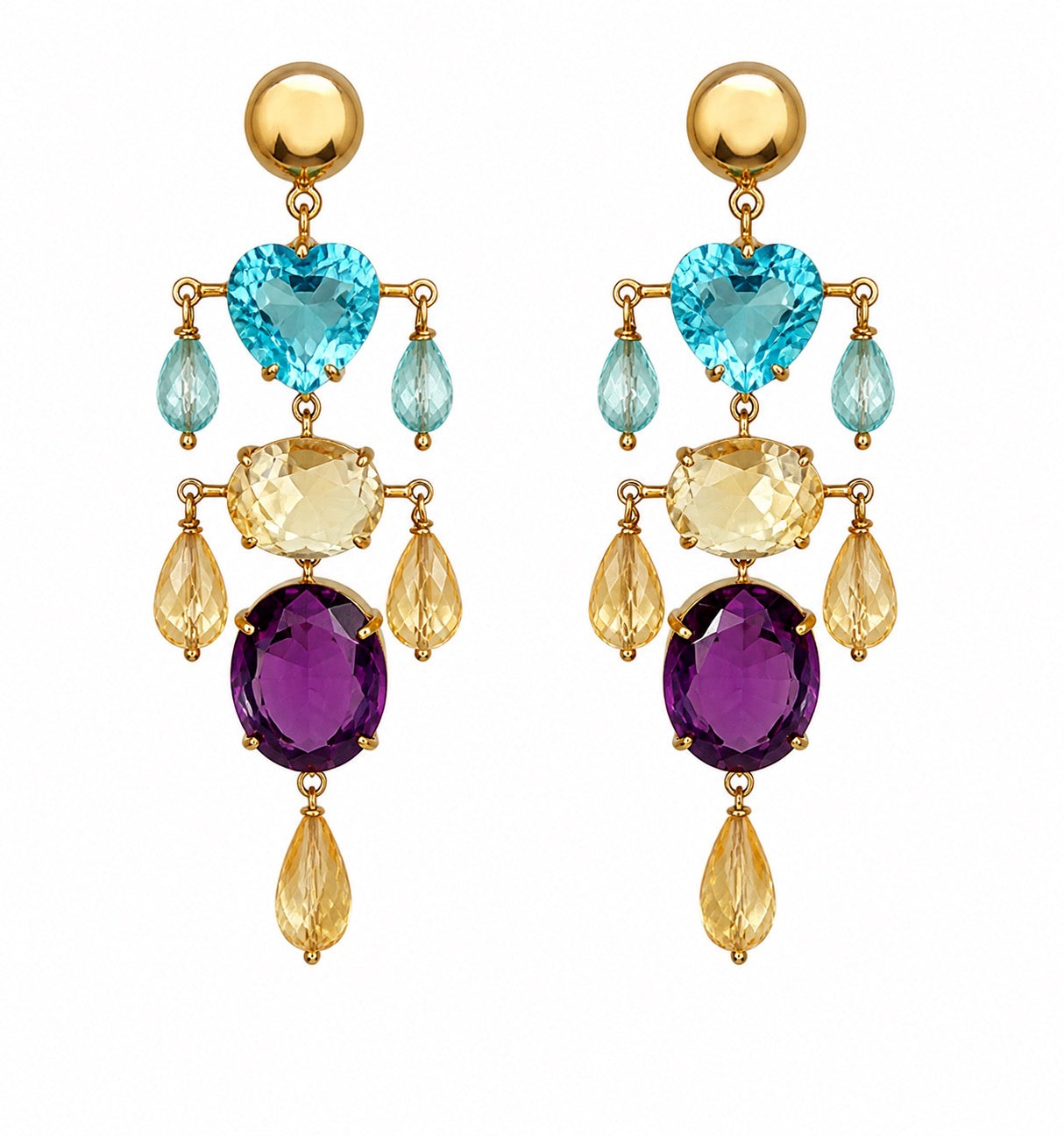 KV Yellow Gold Chandelier Earrings 18Kt - Blue Topaz, Citrine & Amethyst