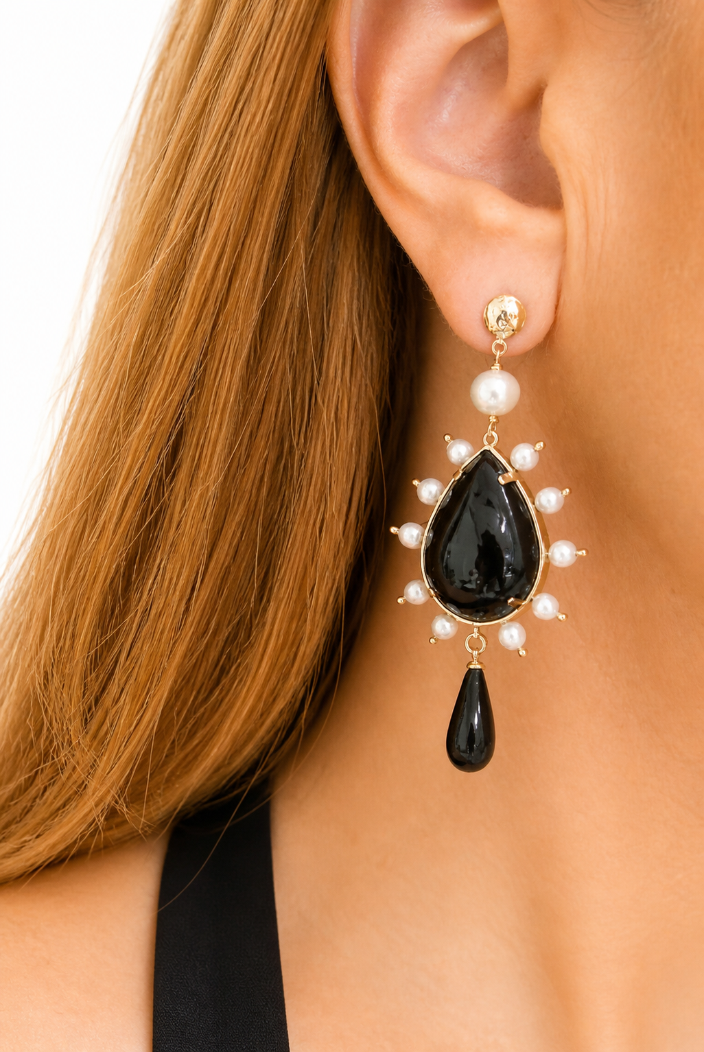 KV Yellow Gold Earrings 9Kt - Natural Pearls & Black Onyx