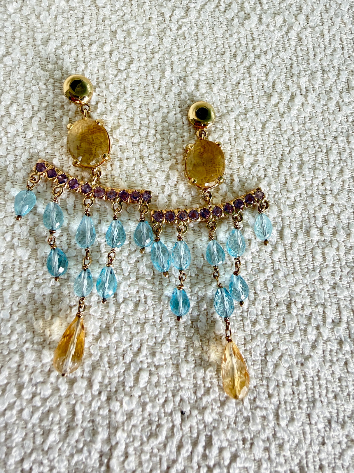 KV Yellow Chandelier Earrings 9Kt - Blue Topaz, Citrine & Amethyst