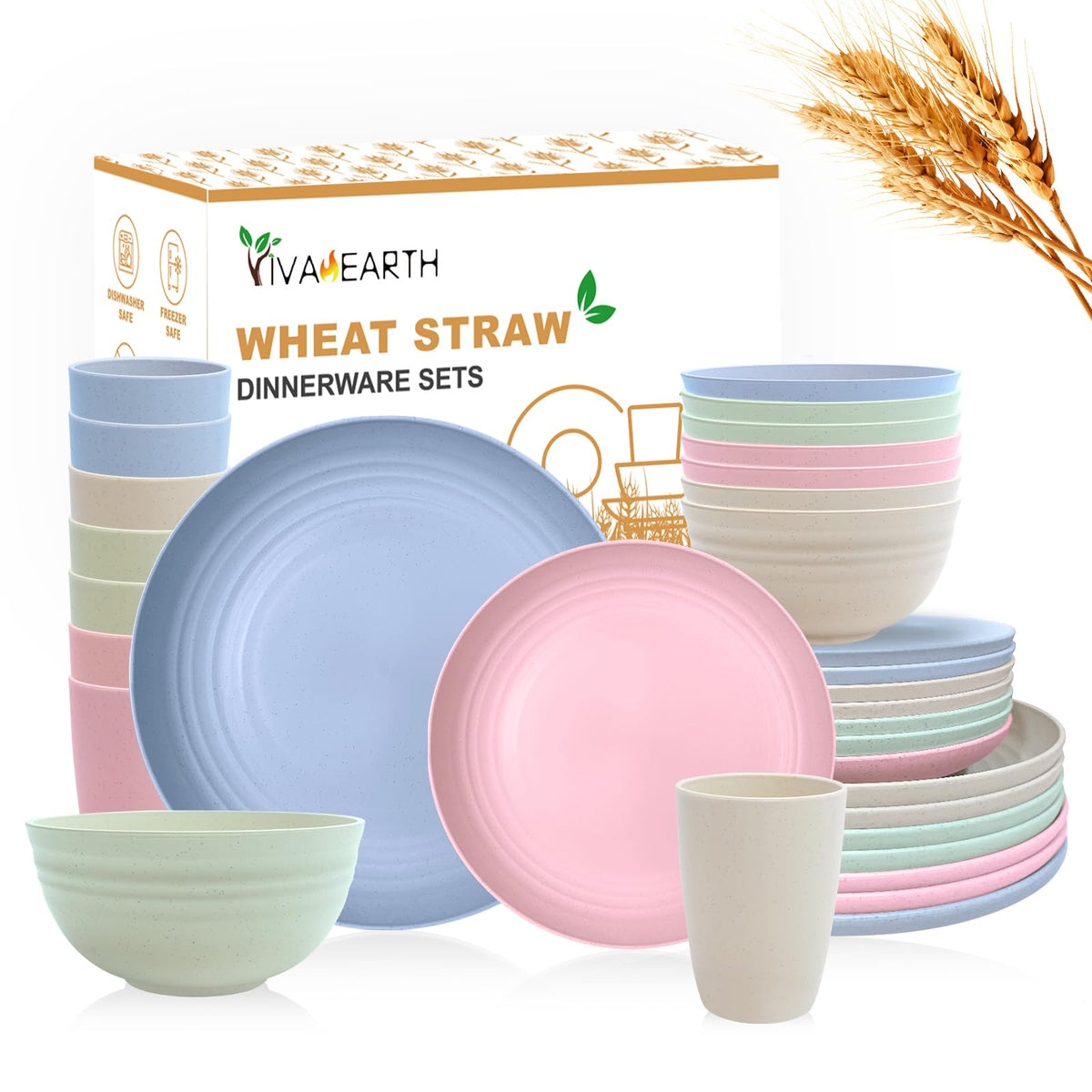 VIVAHEARTH 32-Piece Wheat Straw Dinnerware Sets Dishes Set for 8 Unbreakable Plates Bowls Cups Sets for Kitchen Parties Camping RV - Multi-color