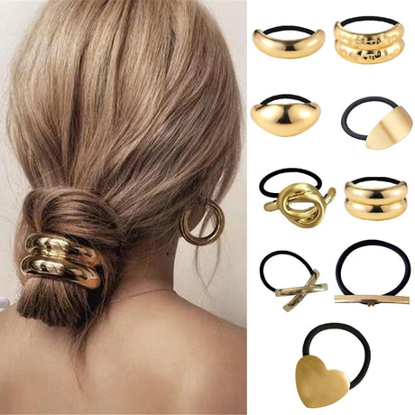 papasgix 9 PCS Metal Hair Ties Metal Geometric Elastic Hair Ties Hair Cuff Wrap Hair Ties for Thick Hair Gold Ponytail Cuff Elastic Hair Ties for Women Hair Accessories (Set 01)