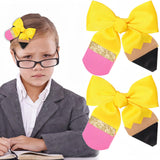 HAIMITI Back To School Hair Clips for Girls Yellow Silk Pencil Hair Bows Cute Hair Accessories Kindergarten Students Toddler Hair Alligator Hairpins Barrettes for School Opens Party Decor 2pcs