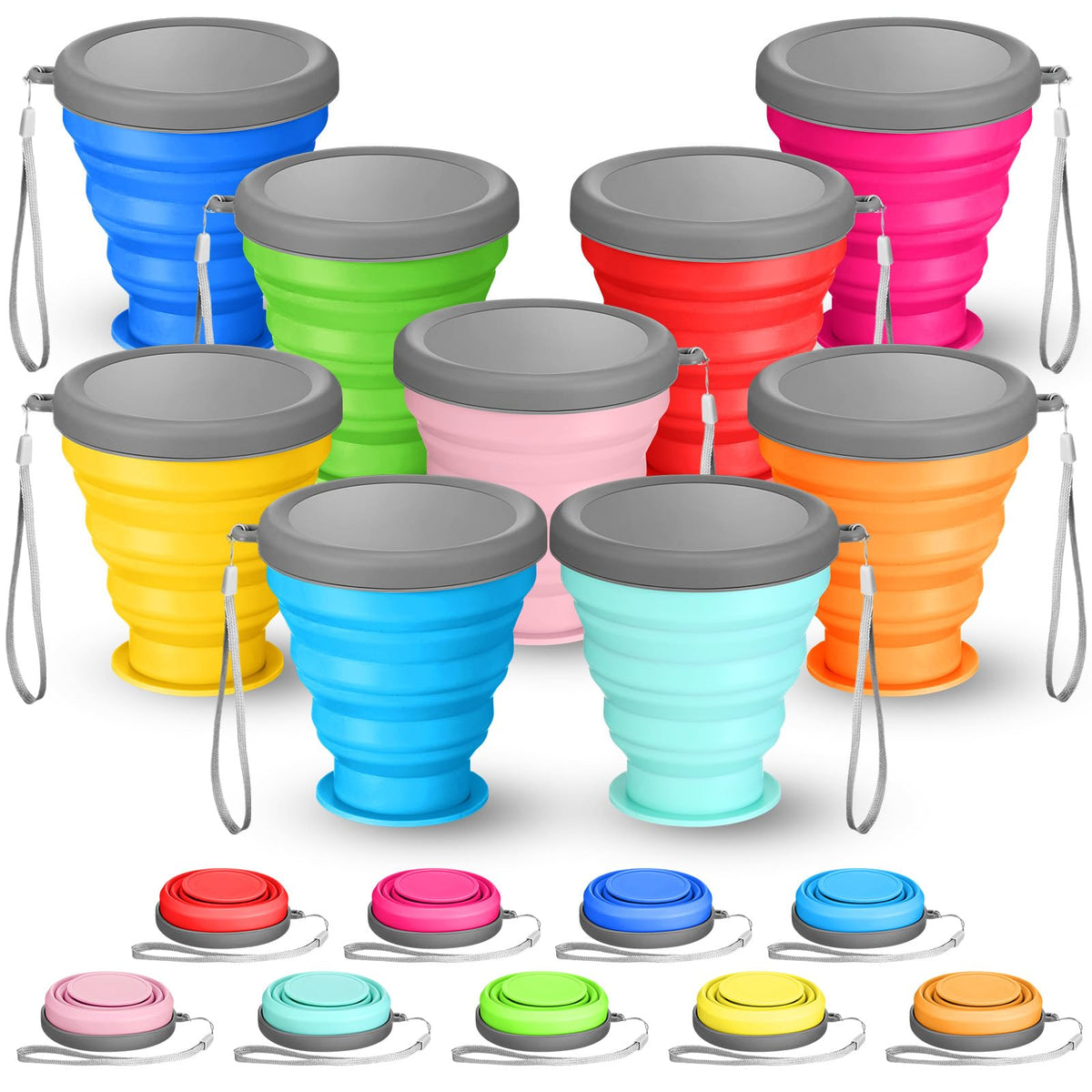 Umigy 9 Pcs 6.8 Oz/ 200 ml Silicone Collapsible Cup with Lid Collapsible Water Bottles Reusable Small Collapsible Travel Cup Portable Drinking Folding Camping Coffee Mugs for Hiking Outdoor Sports