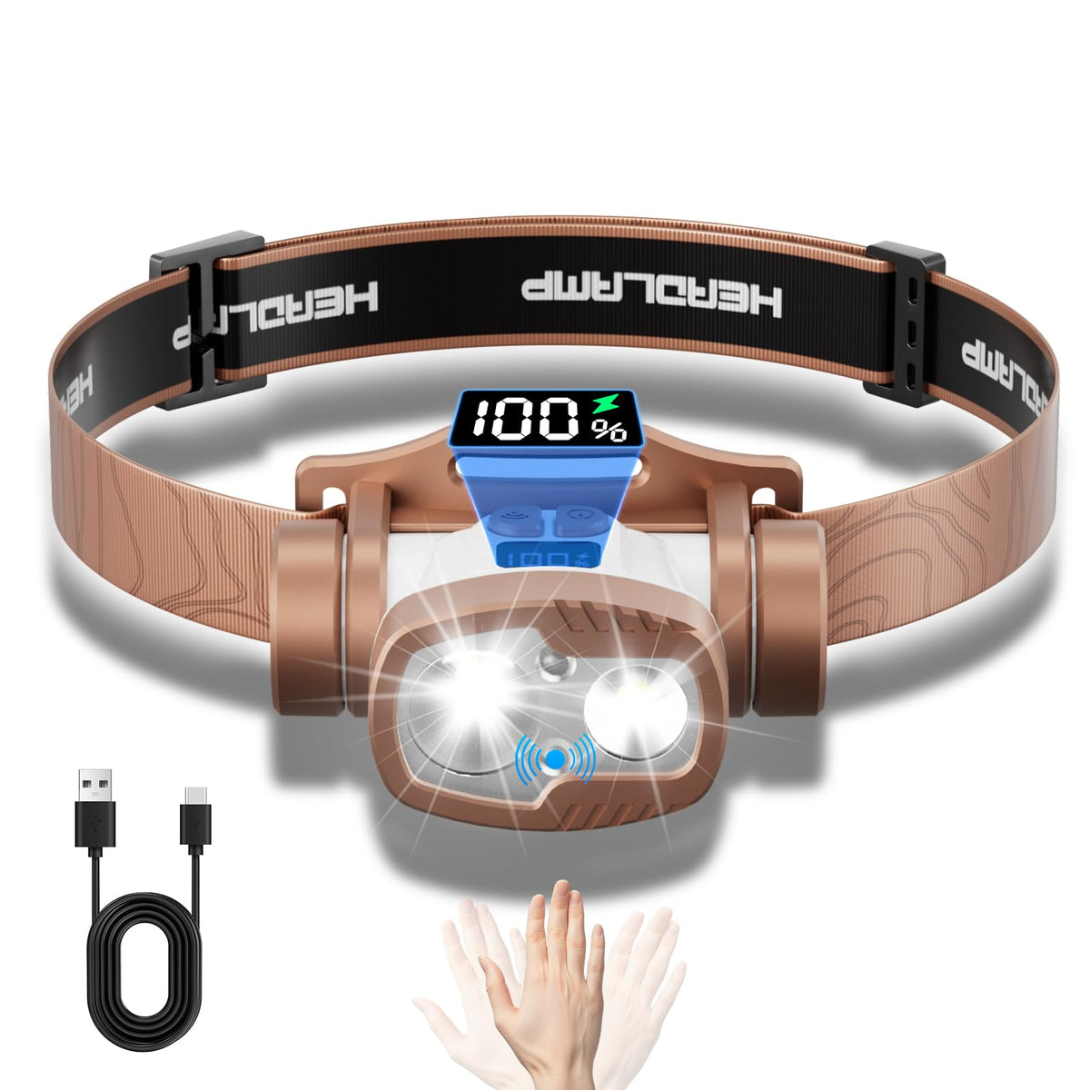 Headlamp Rechargeable Digital Display Ultralight 20000 Lumen Headlight for Adults Child 8+1 Modes Sensor Led Head Lamp One Key Off Waterproof Head Flashlight for Outdoor Running Hiking Camping