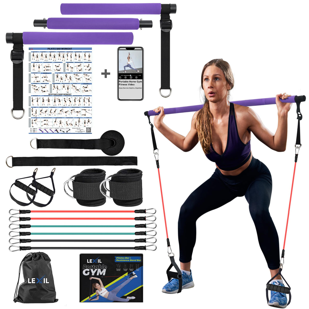 Pilates Bar Kit with Resistance BandsExercise Bands for Working OutHome Gym EquipmentStretch Bands for Exercise，Resistance Bands for Working Out Women，with Fitness Poster and Video