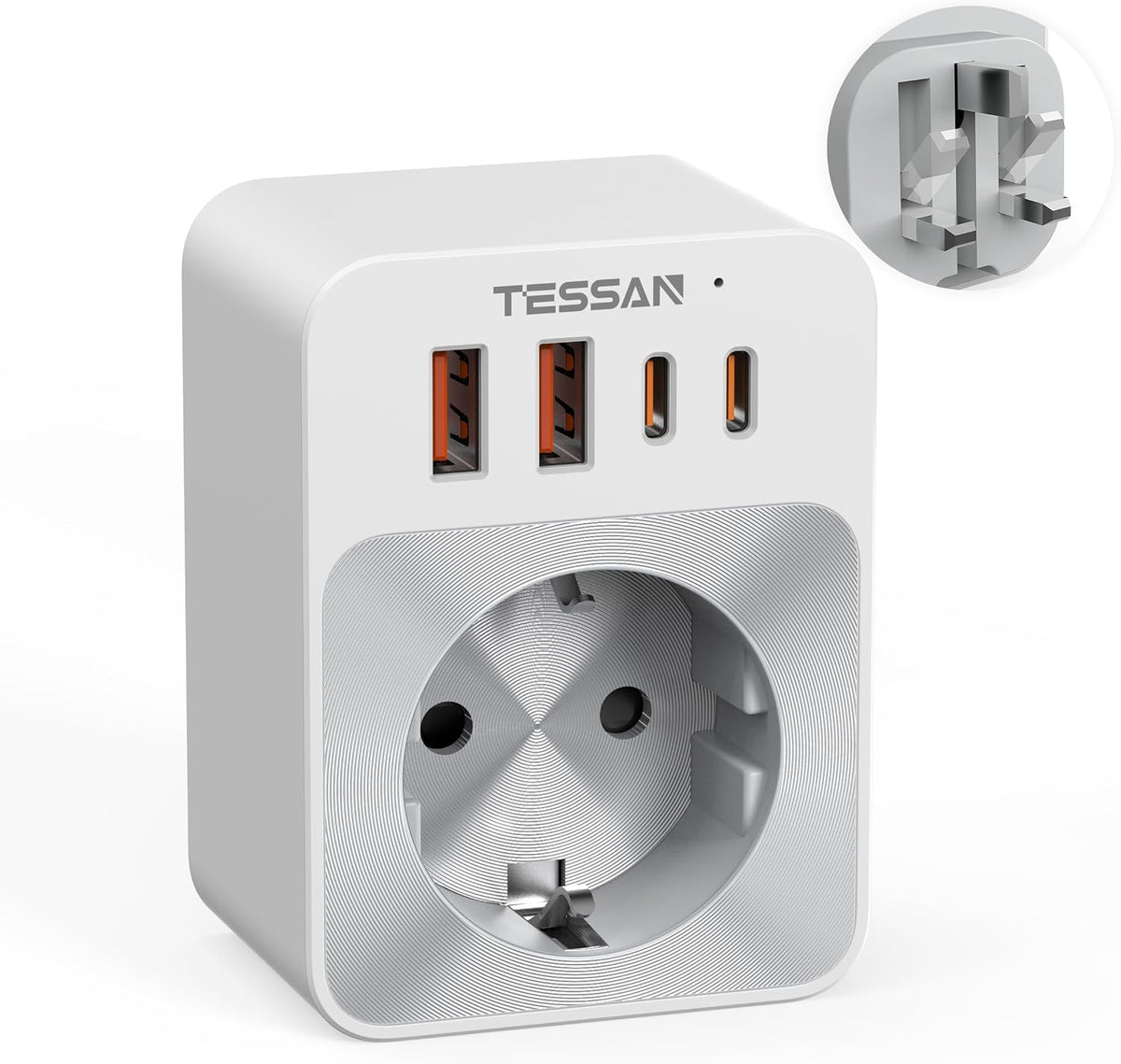 Tessan AC Plug Through 1-Gang 13A Schuko to UK Adaptor & 2xA 2xC 20W TS-TA02DEUK