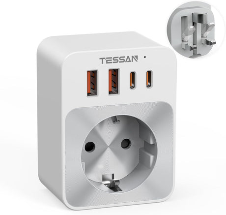Tessan AC Plug Through 1-Gang 13A Schuko to UK Adaptor & 2xA 2xC 20W TS-TA02DEUK