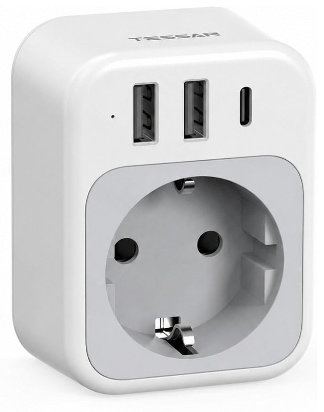 Tessan AC Plug Through 1-Gang 13A Schuko to UK Adaptor & 2xA 1xC 15W TS-TA03DEUK