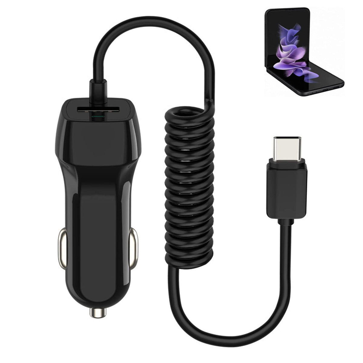 Car Phone Charger for Samsung Galaxy Z Flip 6 Ai Phone Flip 5 5G Flip 4 Flip 3 Fold 6 Fold 5 Fold 4 Fold 3 Fold 2 Car Charging Cord Extra USB Port with Integrated Power Cable for Nokia Switch