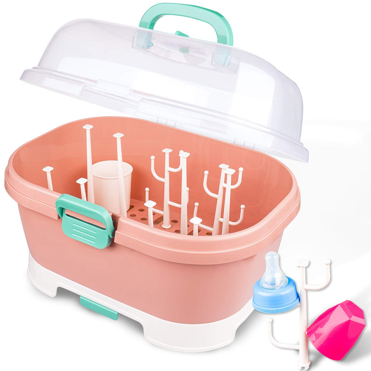 NiHome Portable Baby Bottle Drying Rack with Anti-Dust Lid Cutlery Organizer and Drain Board - Easy-Carry Handle for Home Kitchen Travel and Outdoors (Pink)