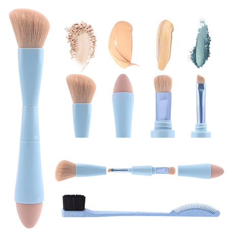 4-in-1 Makeup Brush Portable Travel Make Up Brushes Detachable Makeup Brush Set with Double Head Eyebrow Brush - All-in-One Makeup Sponge Eyeshadow Liner & Blush Blending Brush(Blue)