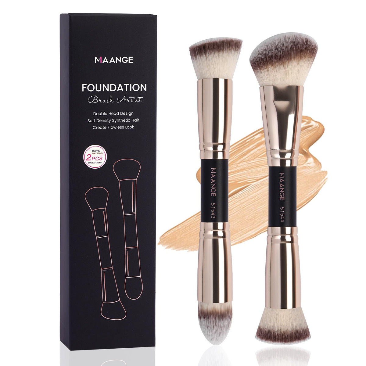 MAANGE Foundation Makeup Brushes 2Pcs Premium Double-Ended Makeup Brush (Flat/Angled/Angled Round/Tapered Top) for Buffing Liquid Cream Powder Blending Contour Face Brush(Black/Gold)