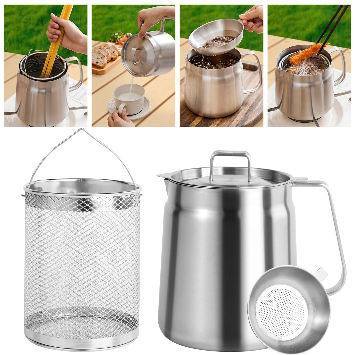 2L 304 Stainless Steel Oil Filter PotLarge Capacity Versatile Bacon Grease Container2 in 1 Oil Strainer PotFrying Pot with Basket and LidMini French Fryer/Japanese Frying Pot for Kitchen Camping