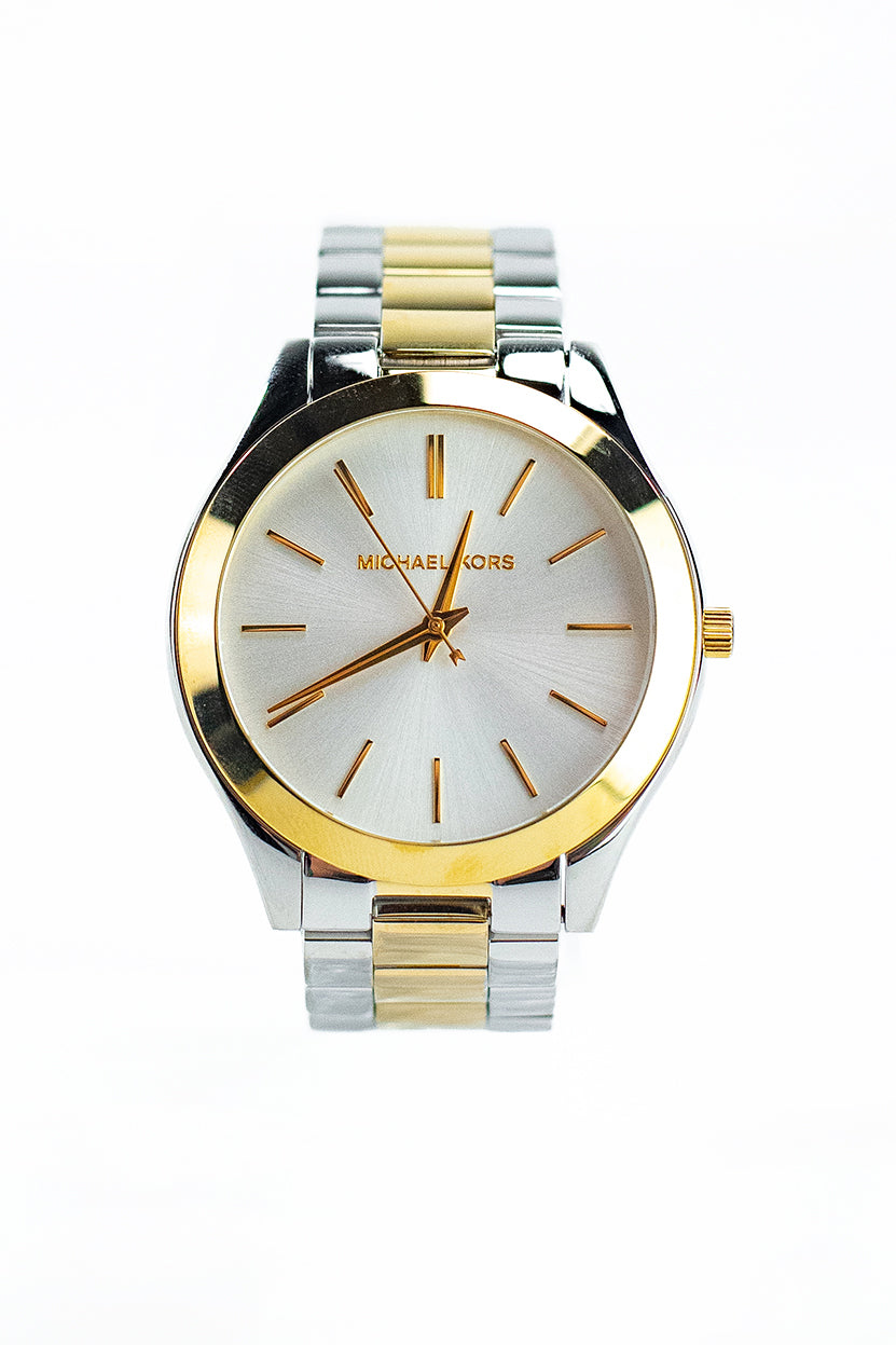 Montre-bracelet Michael Kors Slim Runway en acier inoxydable doré et argenté pour femme MK3198 