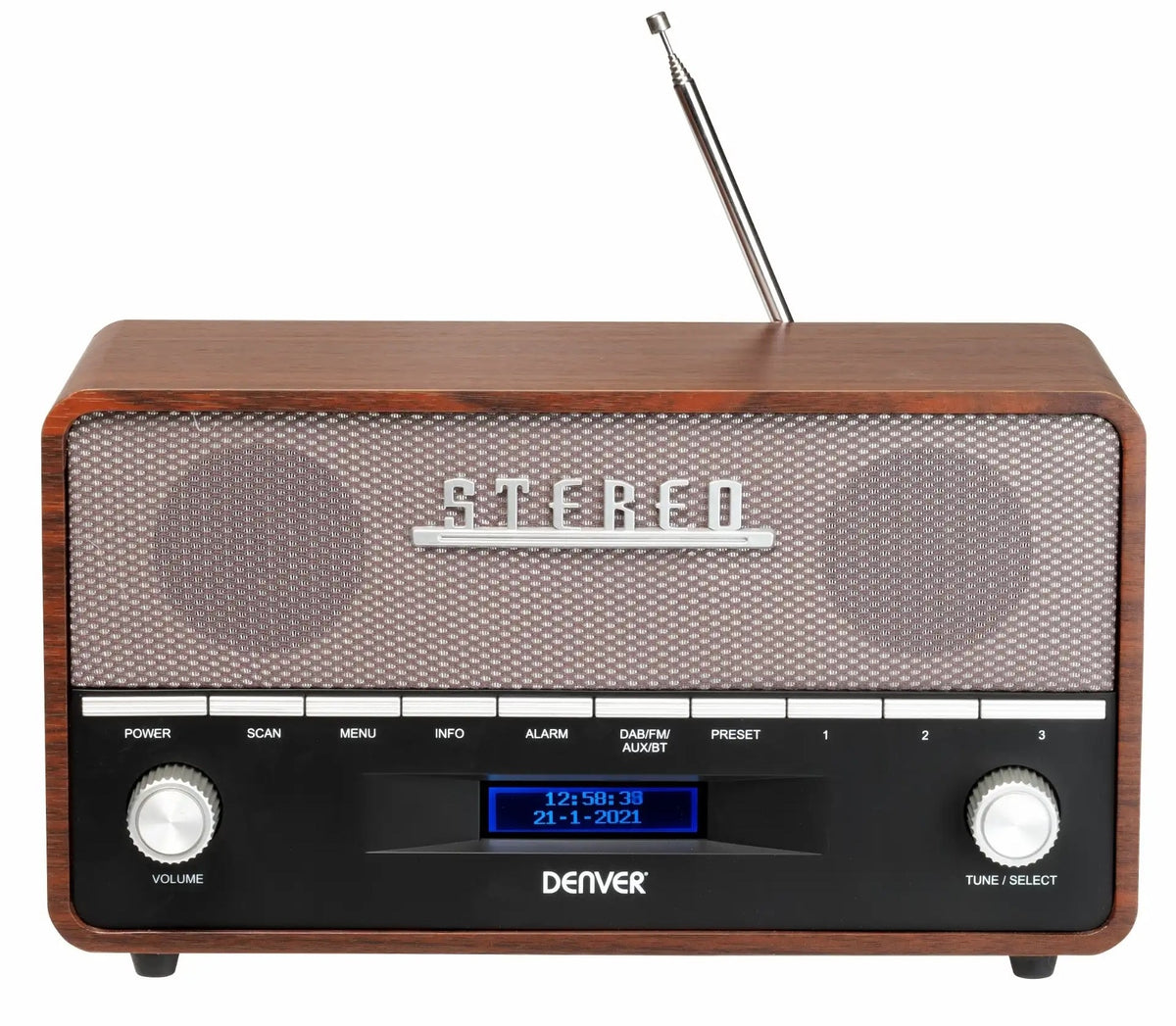 Denver DAB-36 Real Wood Retro FM Radio with Bluetooth & Alarm Clock (Works with Mains Power or 4xC Batteries)