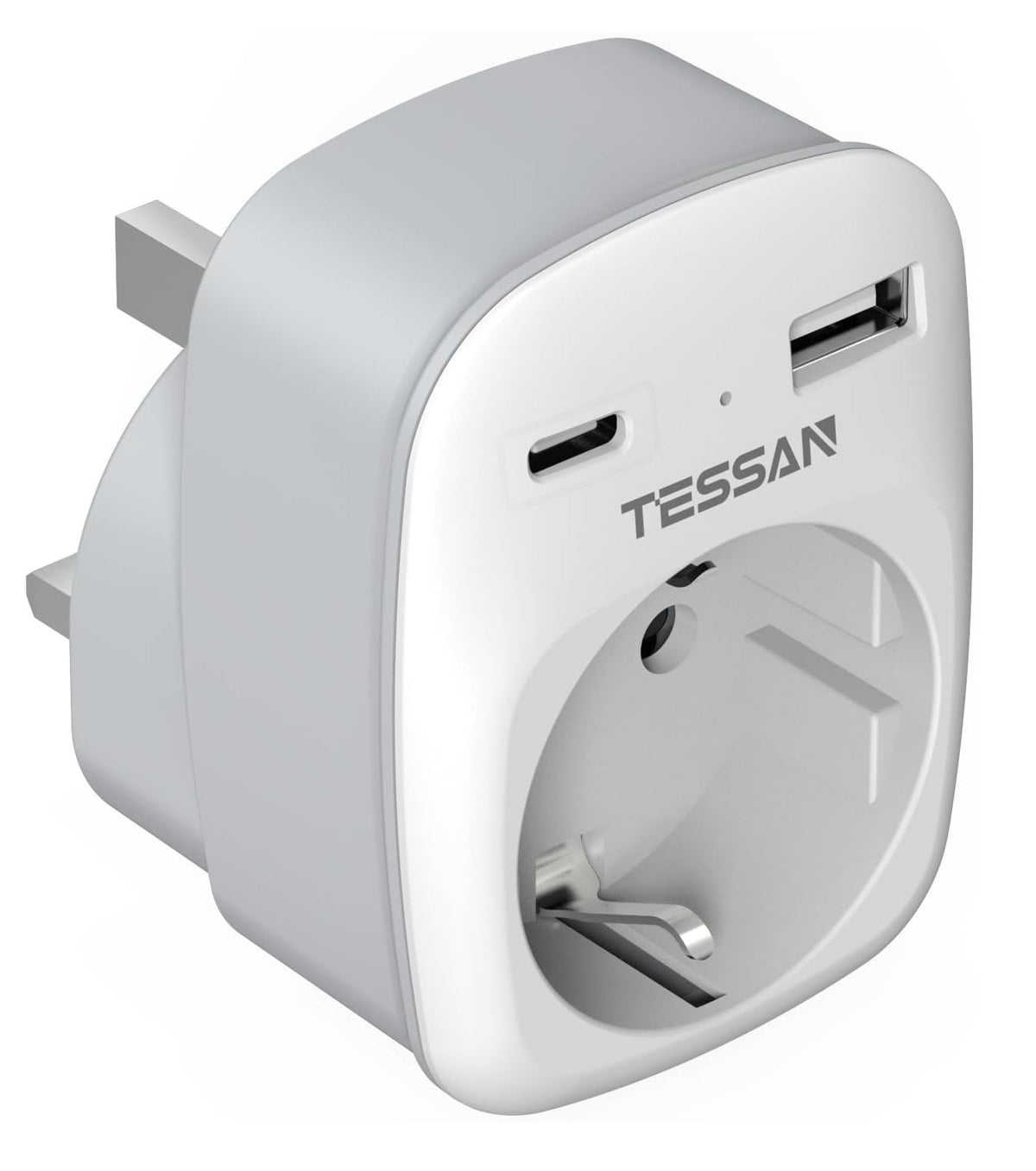 Tessan AC Plug Through 1-Gang 13A Schuko to UK Adaptor & 2xUSBA 12W TS-611-UK