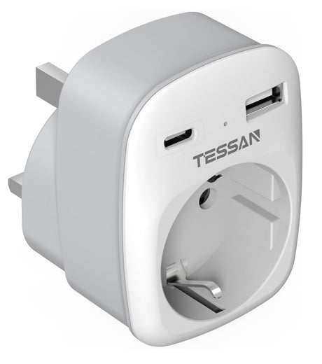 Tessan AC Plug Through 1-Gang 13A Schuko to UK Adaptor & 2xUSBA 12W TS-611-UK