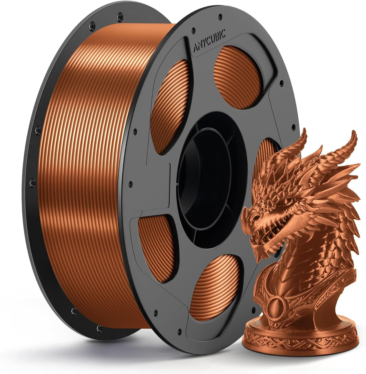 Anycubic PLA Silk Filament Copper 1Kg. Ideal Usage: Display models, figurines, cosplay armor/props, vases, jewelry, and decorative items where a premium, metallic, or glossy aesthetic is desired.