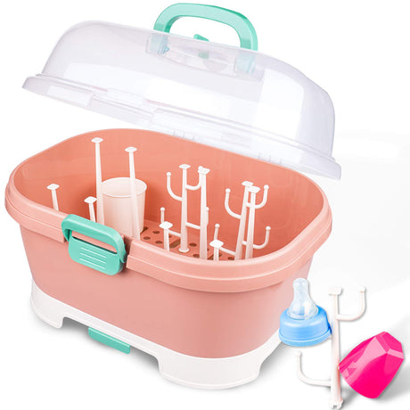 NiHome Portable Baby Bottle Drying Rack with Anti-Dust Lid Cutlery Organizer and Drain Board - Easy-Carry Handle for Home Kitchen Travel and Outdoors (Pink)