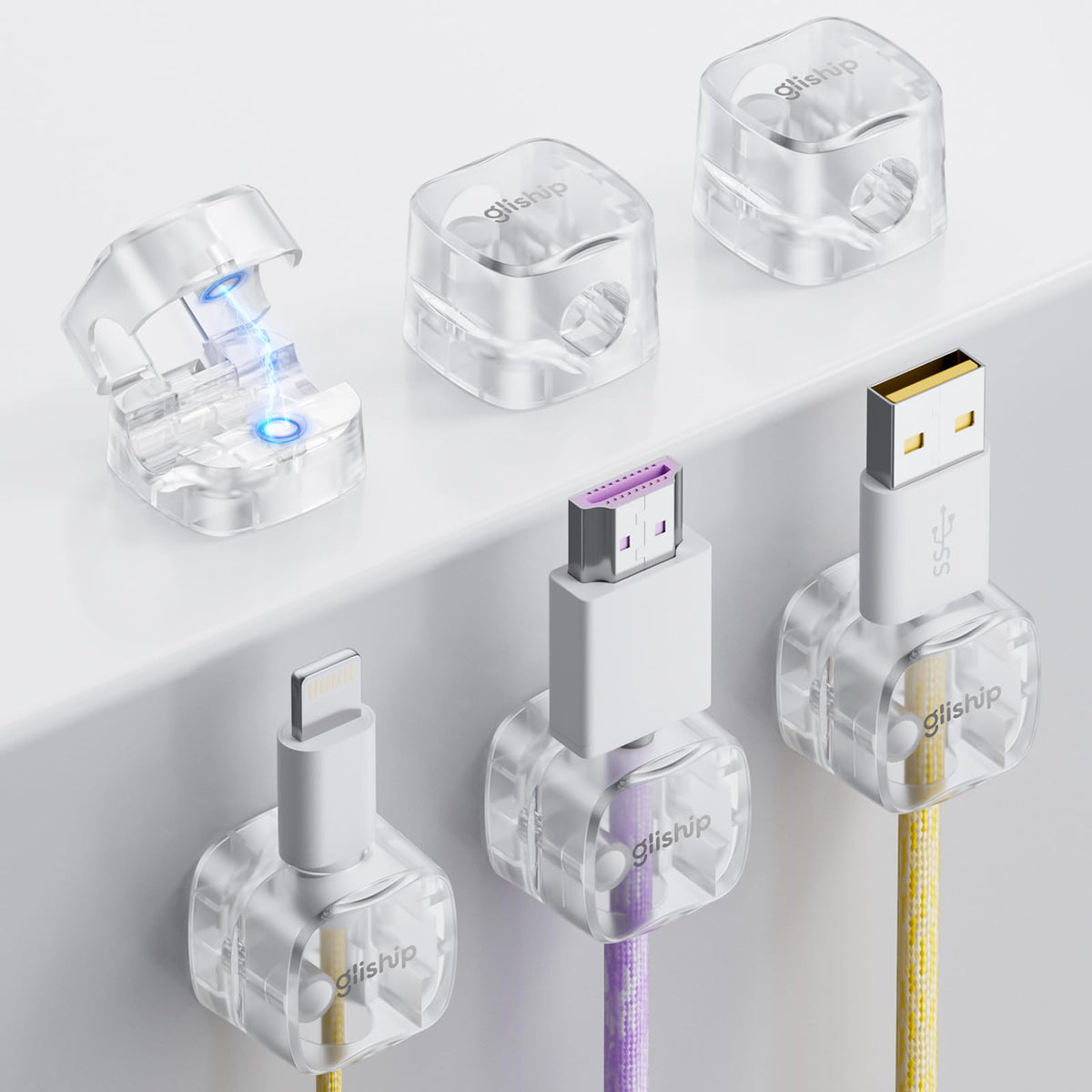 gliship 6 Pack Magnetic Cable Clips - Smooth Adjustable Cell Phone Cord Holder for Nightstand Mini Cube Cord Holder [1s Lock] Charging Cord Organizer Keeper for Office Desk Phone Car Wall Home