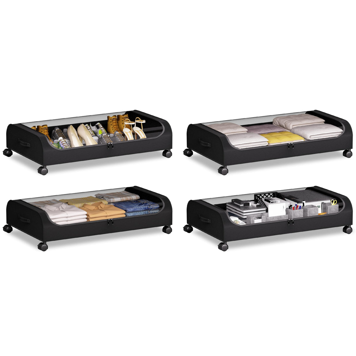 Yeebonix Under Bed Storage with Wheels 4 Pack Curved Under Bed Storage Containers 60L Under The Bed Storage Bins Rolling Under The Bed Storage Metal Drawer for Clothes Blankets Shoes-Black