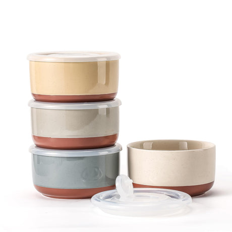 Chubacoo Ceramic Bowl with Lid: 20 oz Microwave Safe Porcelain Soup Containers for Food Storage Meal Prep Working Lunch Picnic & Camping - 5-Inch Set of 4 Dipped Color & Speckle
