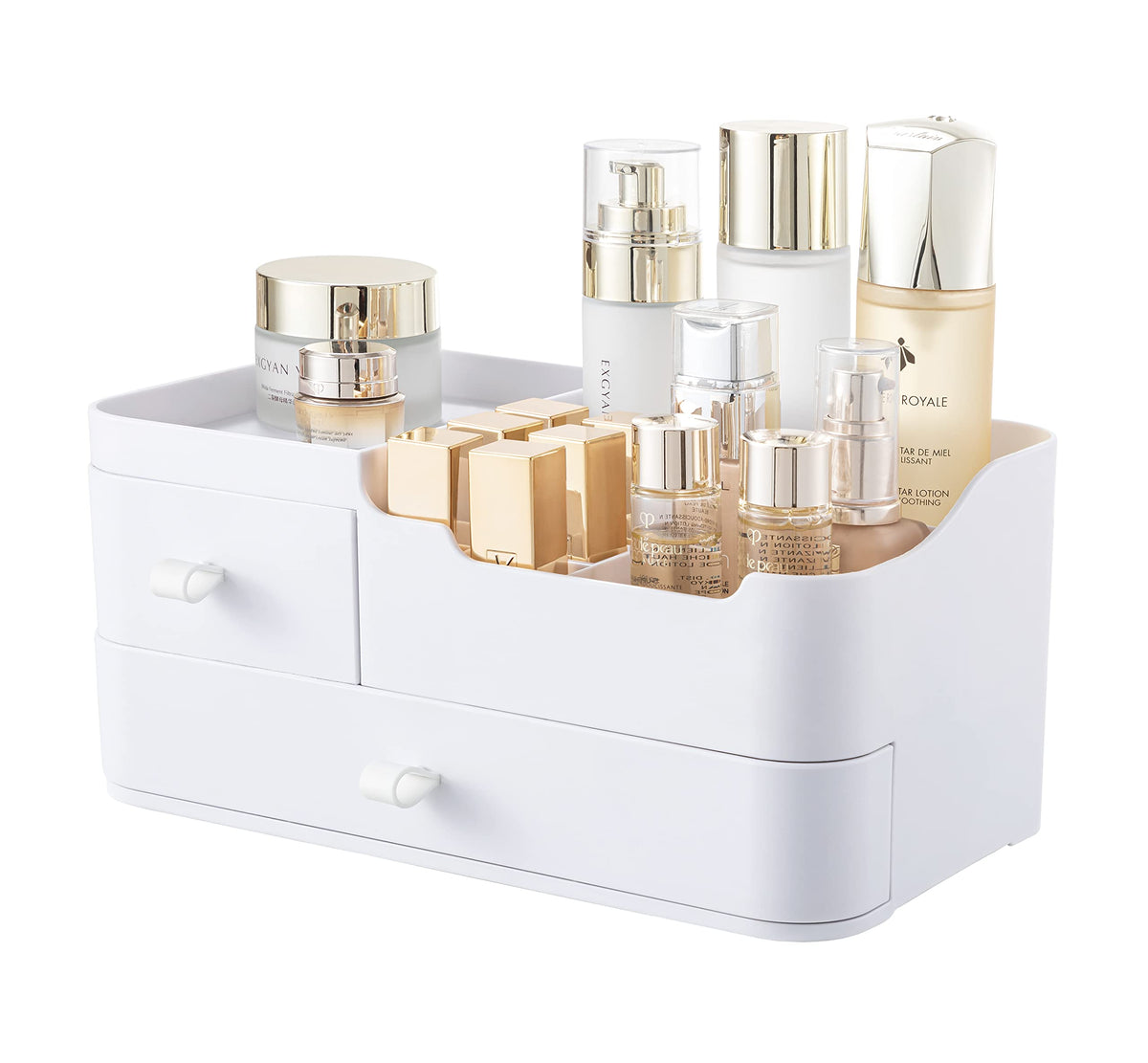 HBlife Plastic Makeup Organizer for Vanity with 2 Drawers Large Skincare Organizers 8 Compartments Bathroom Organizer Cosmetic Storage White