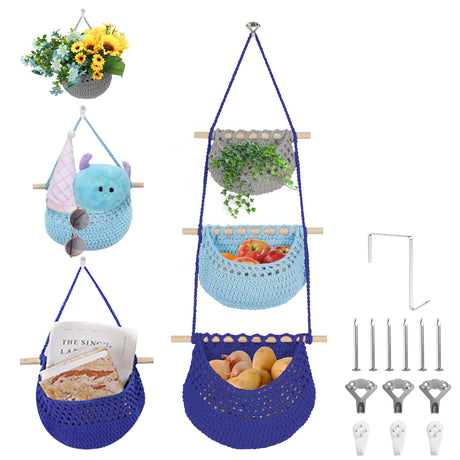 Hanging Fruit Basket 3 Tier Detachable Wall Hanging Basket Shelves Over the Door Organizer for Fruit Vegetable Plant Gray Blue Boho Crocheted Cotton Rope Fruit Holder for Kitchen Bathroom Bedroom