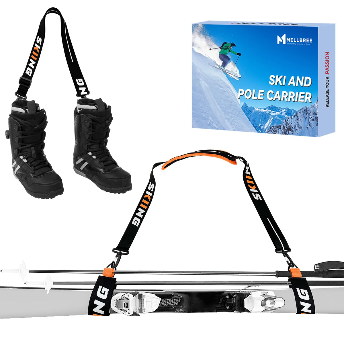 Mellbree Ski Carrier Straps Snowboard Pole and Boot Carry Sling Straps with Cushioned Shoulder Adjustable for Family Men Women & Kids Skiing Gear Equipment Accessories Gifts