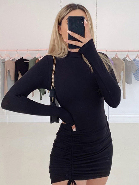 Black Turtleneck Ruched Bodycon Mini Dress for Women
