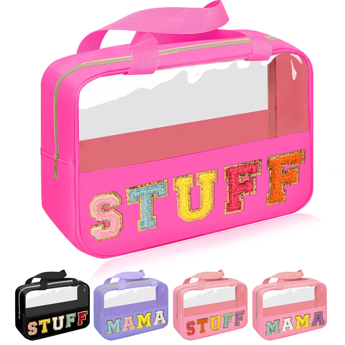 Chenille Letter Patch Stuff Bag Preppy Clear Makeup Cosmetic Bag Large Toiletry Storage Tote Bag with Handle Transparent Nylon Waterproof Organizer Zipper Pouch for Travel Women Girls(Rosered)