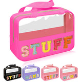 Chenille Letter Patch Stuff Bag Preppy Clear Makeup Cosmetic Bag Large Toiletry Storage Tote Bag with Handle Transparent Nylon Waterproof Organizer Zipper Pouch for Travel Women Girls(Rosered)