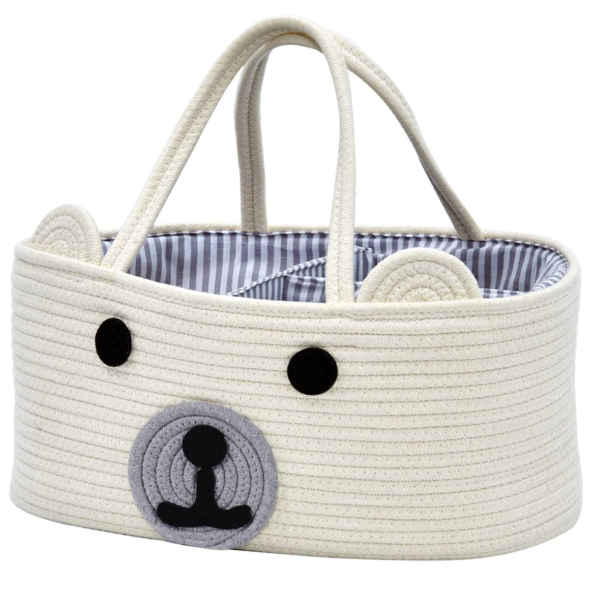 InfiBay Baby Diaper Caddy Organizer Baby Nursery Storage with Removable Dividers and Sturdy Handles Cute Bear BasketWhite Cotton Rope Baby Basket Portable Diaper Storage Basket