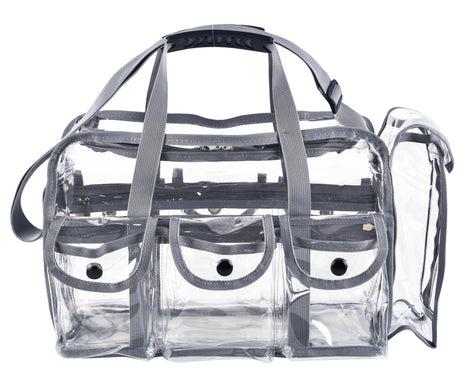 Wide Mouth Large Professional Clear PVC Travel Makeup Artist Set Bag Cosmetic Nails Beauty Bag Transparent Vinyl Tool Organizer Work Bag Beach Bag Diaper Bag with 6 External Pockets & Strap (Grey)