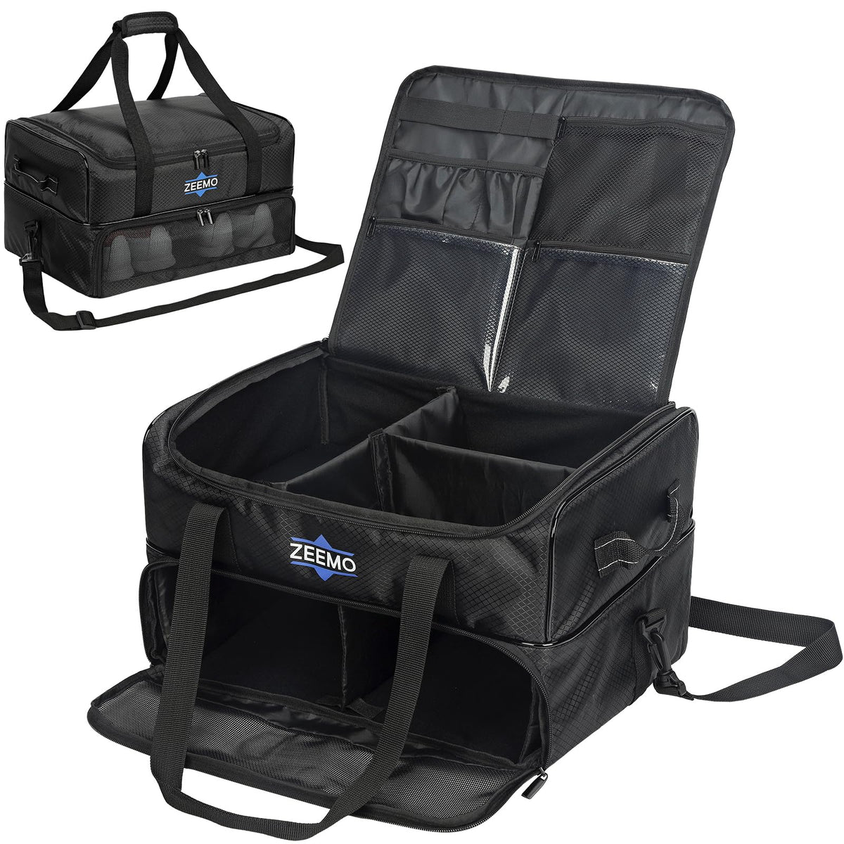 ZEEMO Golf Trunk Organizer 2 Layer Car Locker with Ventilated Compartment for 2 Pair Shoes Travel Storage Bag for Accessories Black