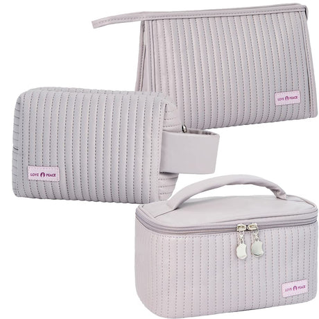 Linpr 3 Pcs Makeup Bag Set Portable Waterproof PU Striped Leather Toiletry Bags Cute Travel Cosmetic Organizer for Women and Girls (Light Purple)