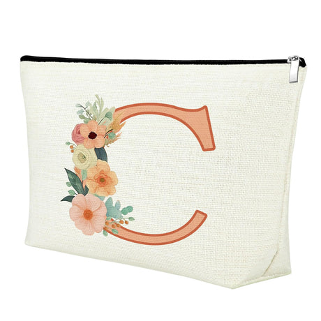 Alphabet Makeup Bag Initial Monogram Personalized Gifts Capital Letter C With Flowers Cosmetic Bag for Wedding Graduation Retirement Gifts for Bride Teacher Friend Bridesmaids Travel Pouch With Zipper